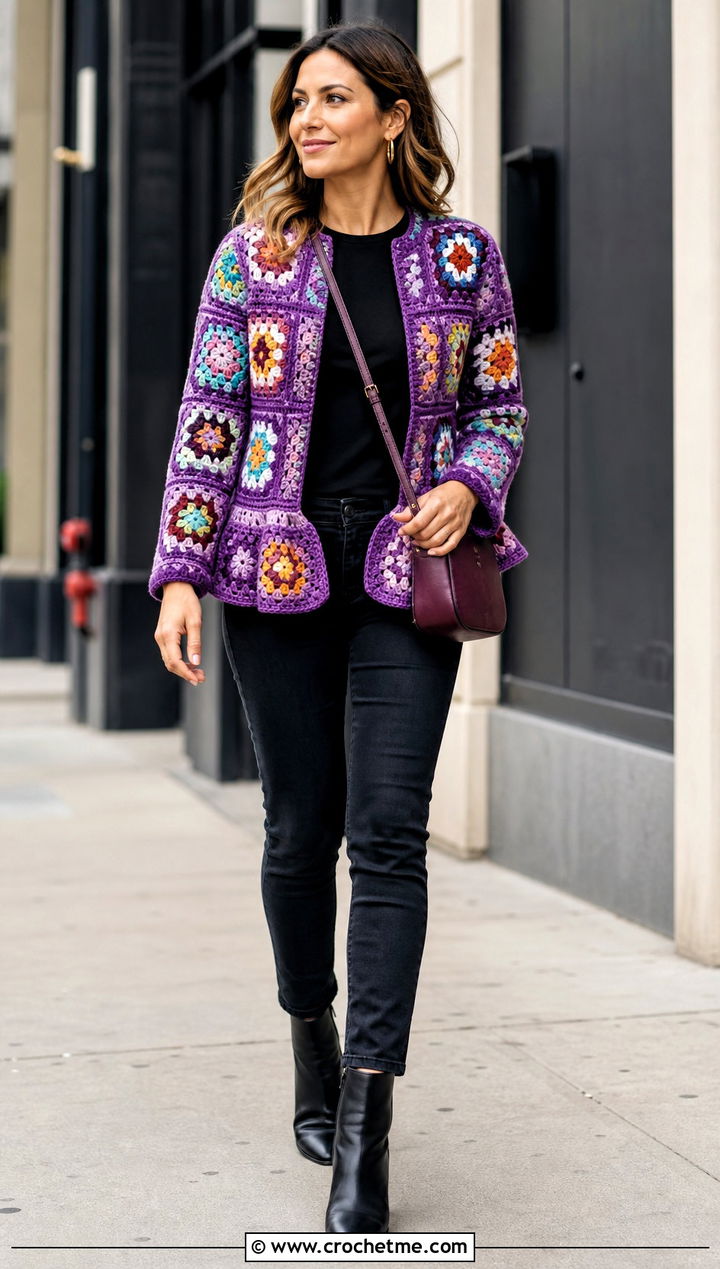 Granny Square Crochet Peplum Jacket With Black Jeans - 15 crochet peplum jacket outfit ideas