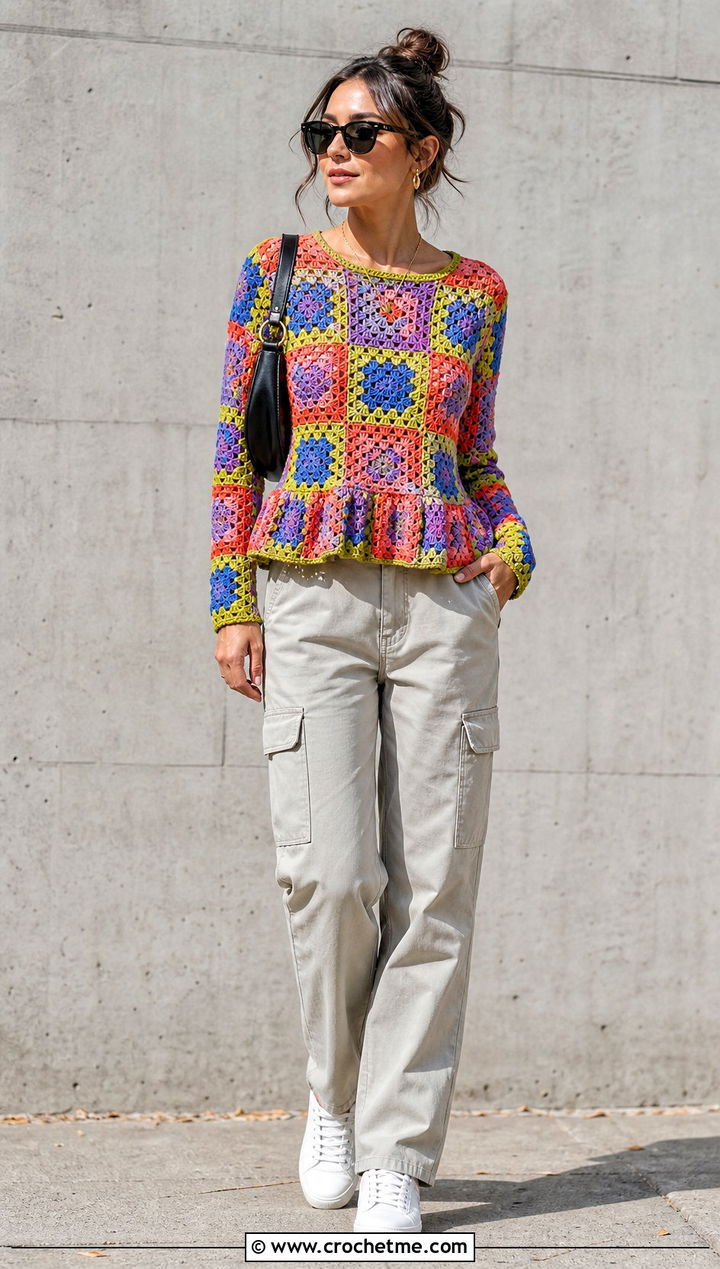 Granny Square Crochet Peplum Sweater With Cargo Pants - 15 Crochet Peplum Sweater outfit ideas
