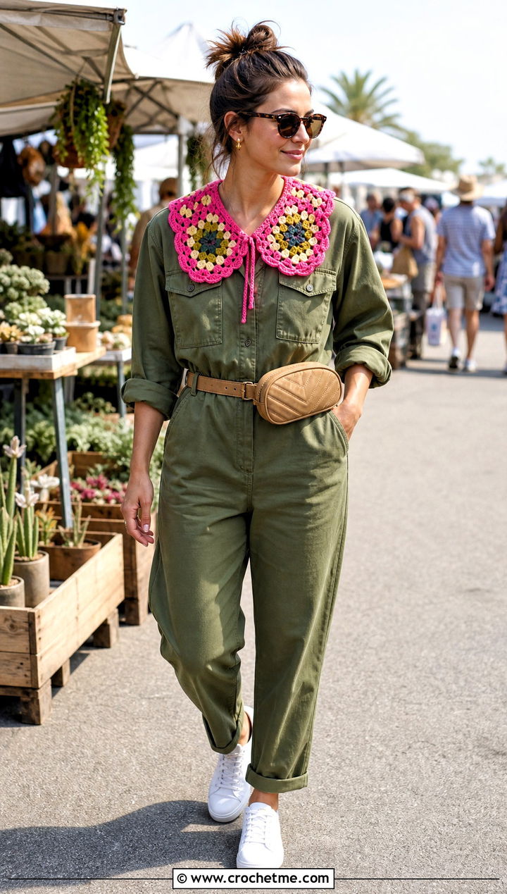 Granny Square Crochet Peter Pan Collar With Utility Jumpsuit - 35 crochet peter pan collar outfit ideas