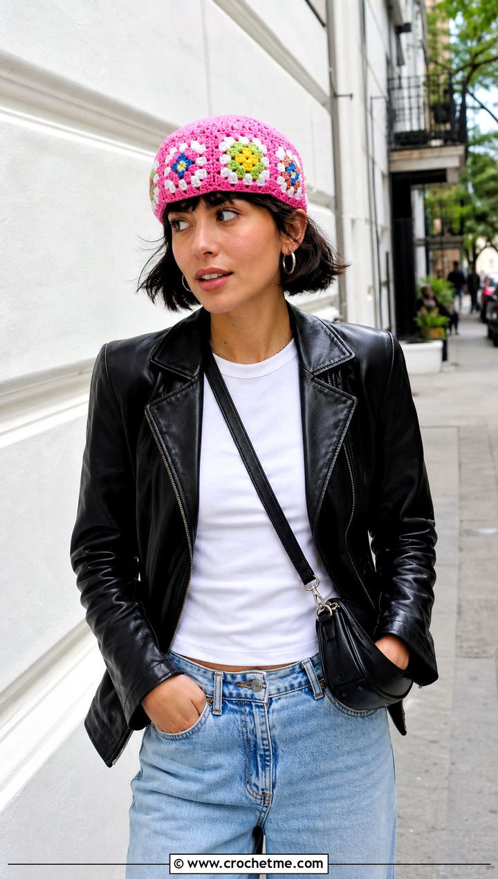 Granny Square Crochet Pillbox Hat With Leather Jacket And Wide Leg Jeans - 25 crochet pillbox hat outfit ideas