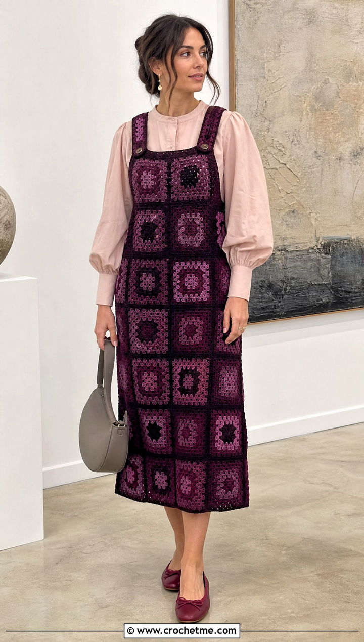 Granny Square Crochet Pinafore Over Puff Sleeve Blouse - 20 Granny Square Crochet Overalls outfit ideas