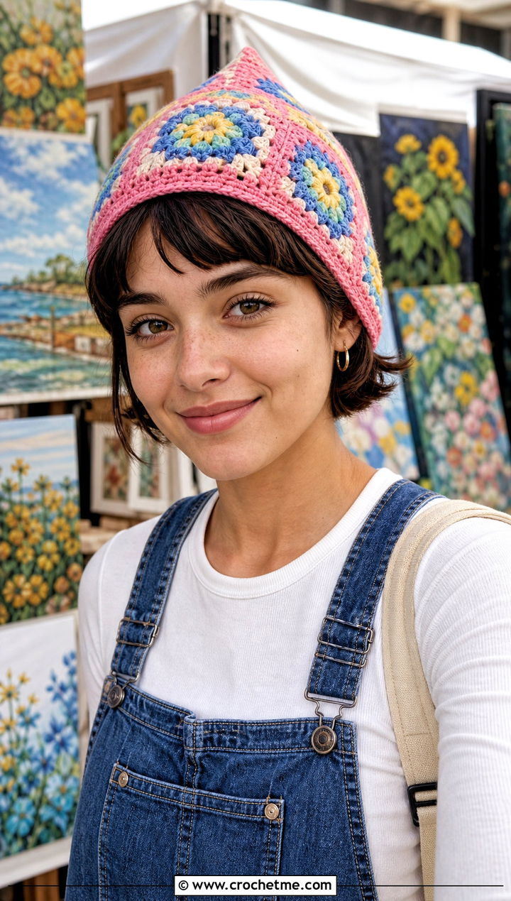 Granny Square Crochet Pixie Hat With Overalls - 30 crochet pixie hat outfit ideas
