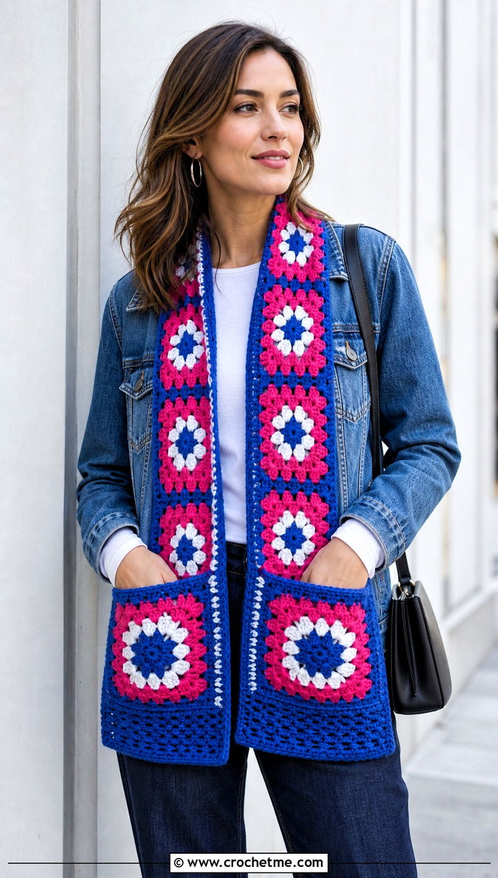 Granny Square Crochet Pocket Scarf With Denim Jacket - 15 Crochet Scarf With Hand Pockets outfit ideas