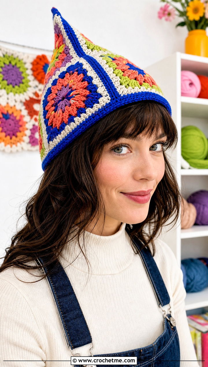 Granny Square Crochet Pointed Hat With Overalls - 25 Crochet Pointed Hat outfit ideas