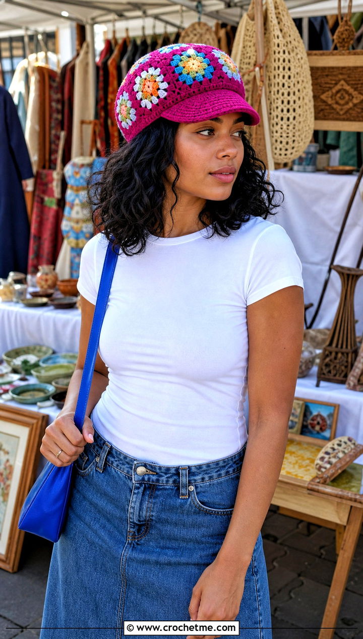 Granny Square Crochet Police Hat With White Tee And Denim Maxi Skirt - 30 crochet police hat outfit ideas