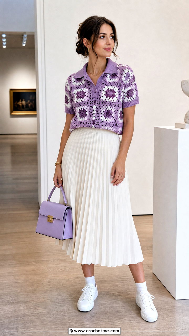 Granny Square Crochet Polo With Pleated Skirt - 35 granny square crochet clothes and outfit ideas