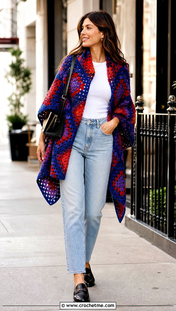 Granny Square Crochet Poncho Shawl With Straight Leg Jeans - 20 crochet poncho shawl outfit ideas