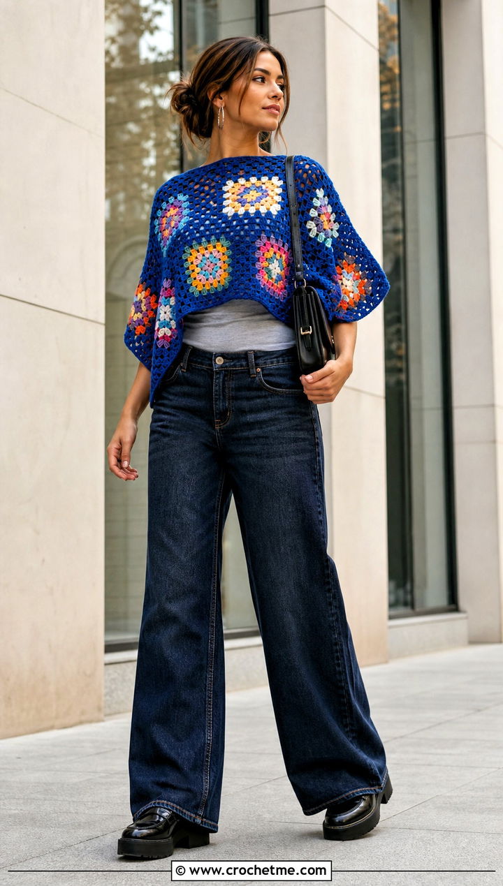 Granny Square Crochet Poncho Top With Wide Leg Jeans - 25 Crochet Poncho Top outfit ideas