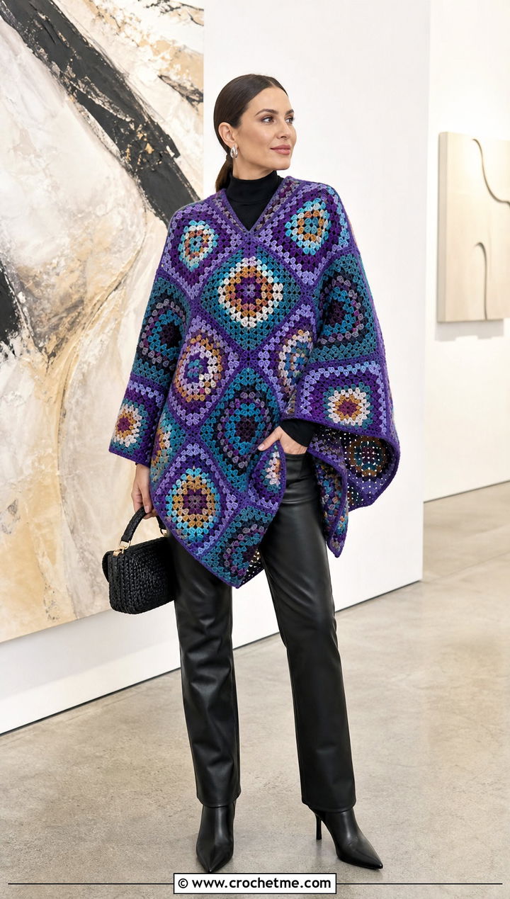 Granny Square Crochet Poncho With Black Leather Pants - 15 Winter Crochet Poncho outfit ideas