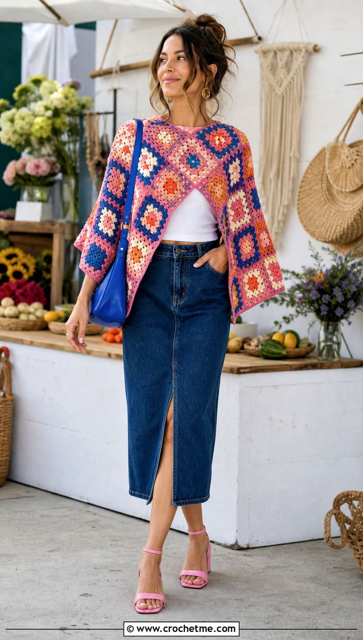 Granny Square Crochet Poncho With Denim Skirt - 25 Beginner Crochet Poncho outfit ideas