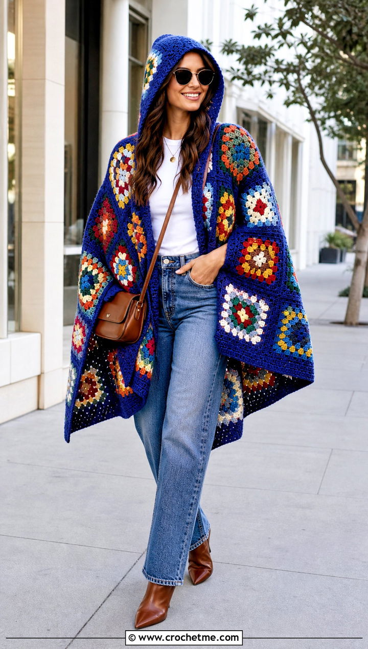 Granny Square Crochet Poncho With Hood And Straight Jeans - 35 crochet poncho with hood outfit ideas