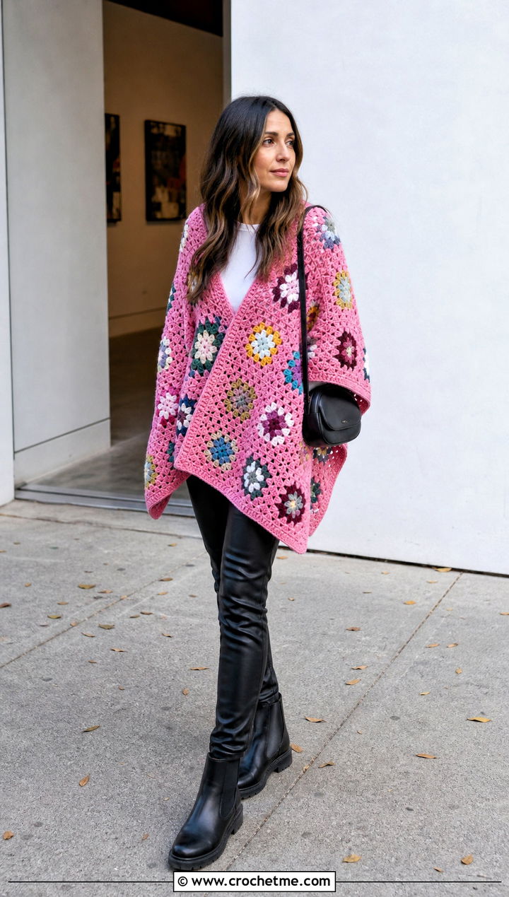 Granny Square Crochet Poncho With Leather Pants - 20 Crochet Fall Poncho outfit ideas
