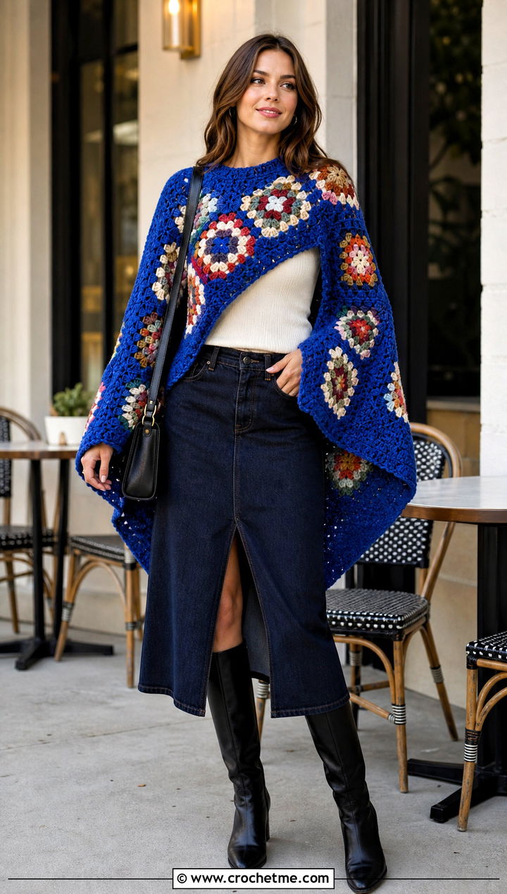 Granny Square Crochet Poncho With Sleeves And Denim Midi Skirt - 30 crochet poncho with sleeves outfit ideas