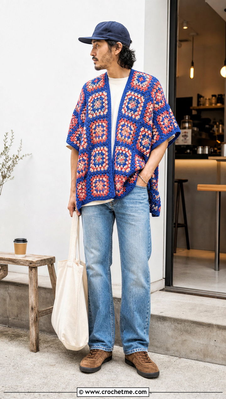 Granny Square Crochet Poncho With Straight Jeans - 25 mens crochet poncho outfit ideas