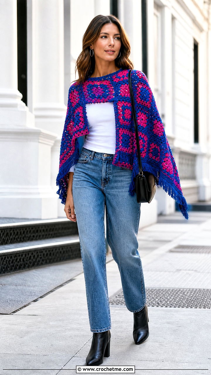Granny Square Crochet Poncho With Straight Leg Jeans - 35 crochet ponchos outfit ideas