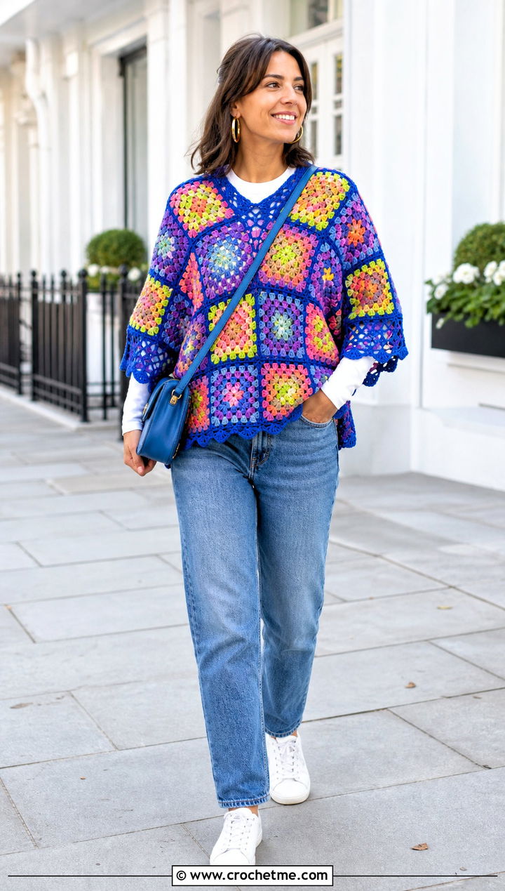 Granny Square Crochet Poncho With Straight Leg Jeans - 15 diy crochet poncho outfit ideas