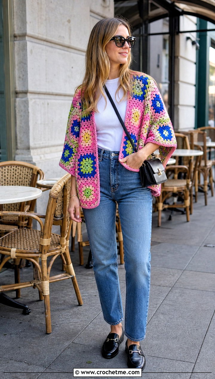 Granny Square Crochet Poncho With Straight Leg Jeans - 15 Easy Crochet Ponchos outfit ideas
