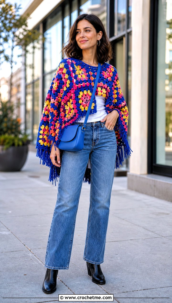 Granny Square Crochet Poncho With Straight Leg Jeans - 15 Modern Crochet Poncho outfit ideas