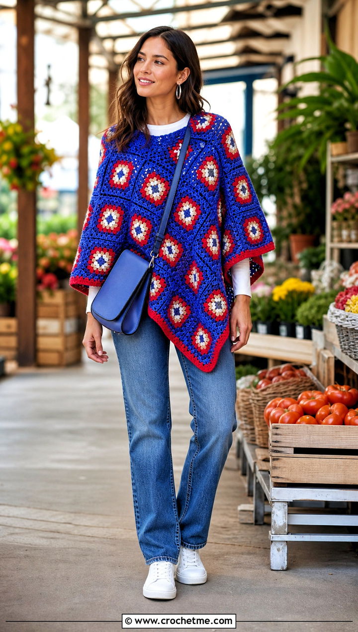 Granny Square Crochet Poncho With Straight Leg Jeans - 15 Quick Crochet Poncho outfit ideas