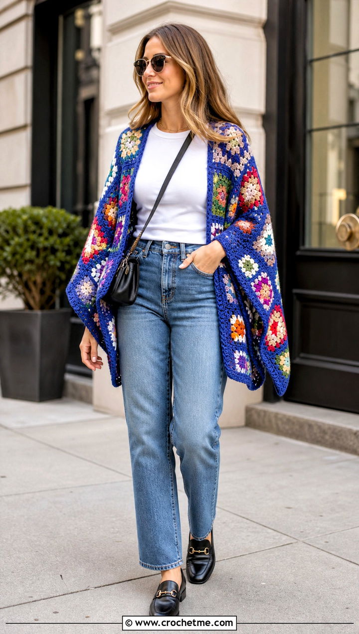 Granny Square Crochet Poncho With Straight Leg Jeans - 20 crochet poncho for women outfit ideas
