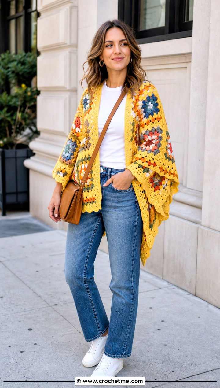Granny Square Crochet Poncho With Straight Leg Jeans - 25 Crochet For Poncho outfit ideas