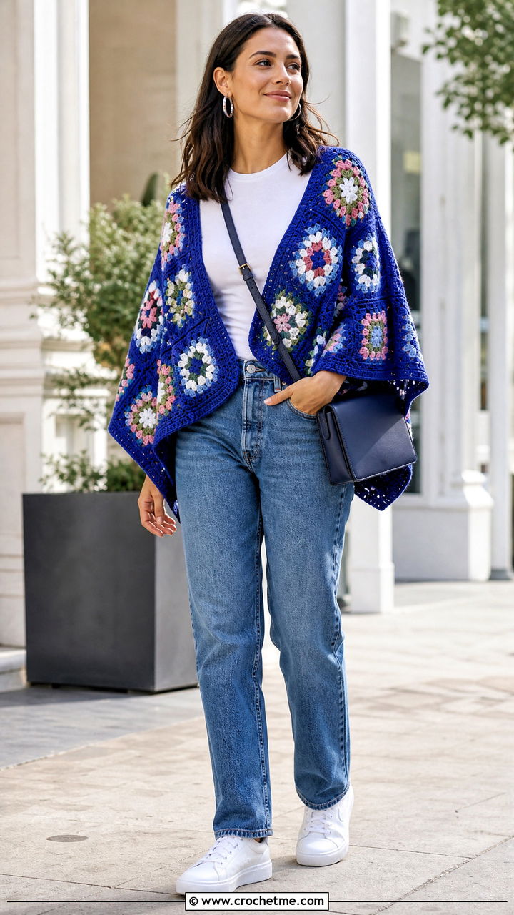 Granny Square Crochet Poncho With Straight Leg Jeans - 35 easy crochet poncho woman outfit ideas