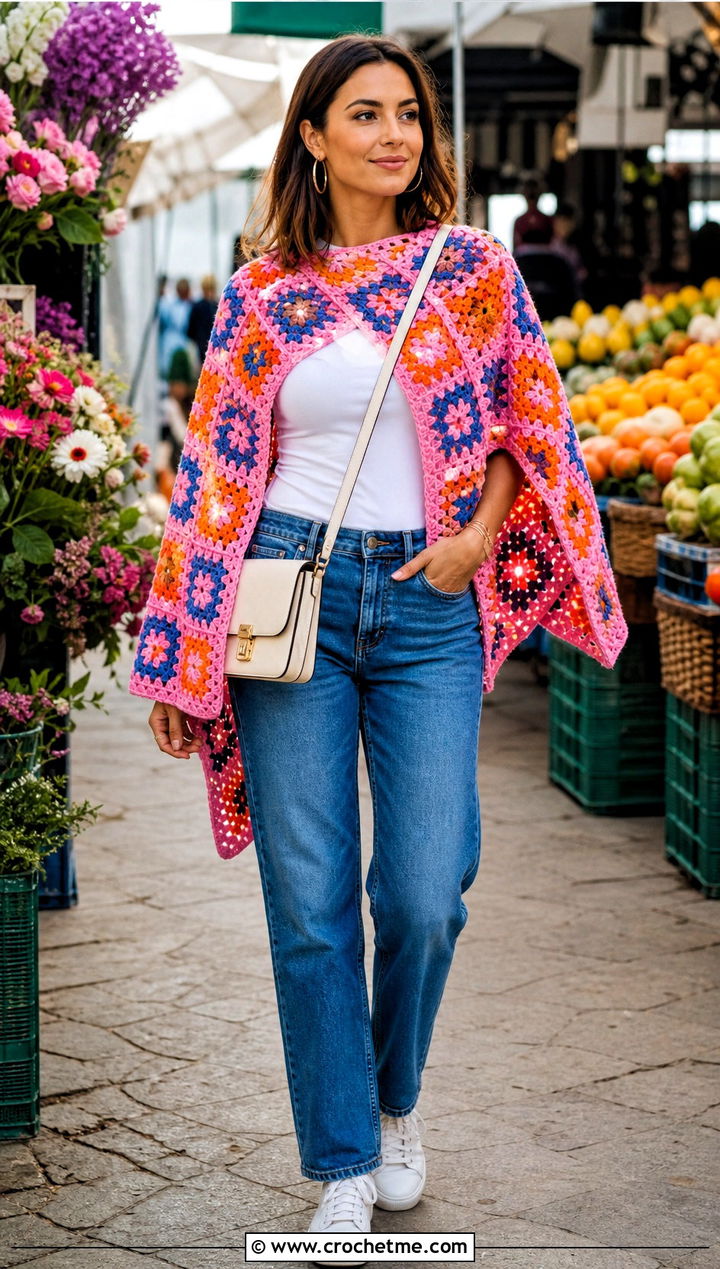 Granny Square Crochet Poncho With Straight Leg Jeans - 25 Easy Simple Crochet Poncho outfit ideas