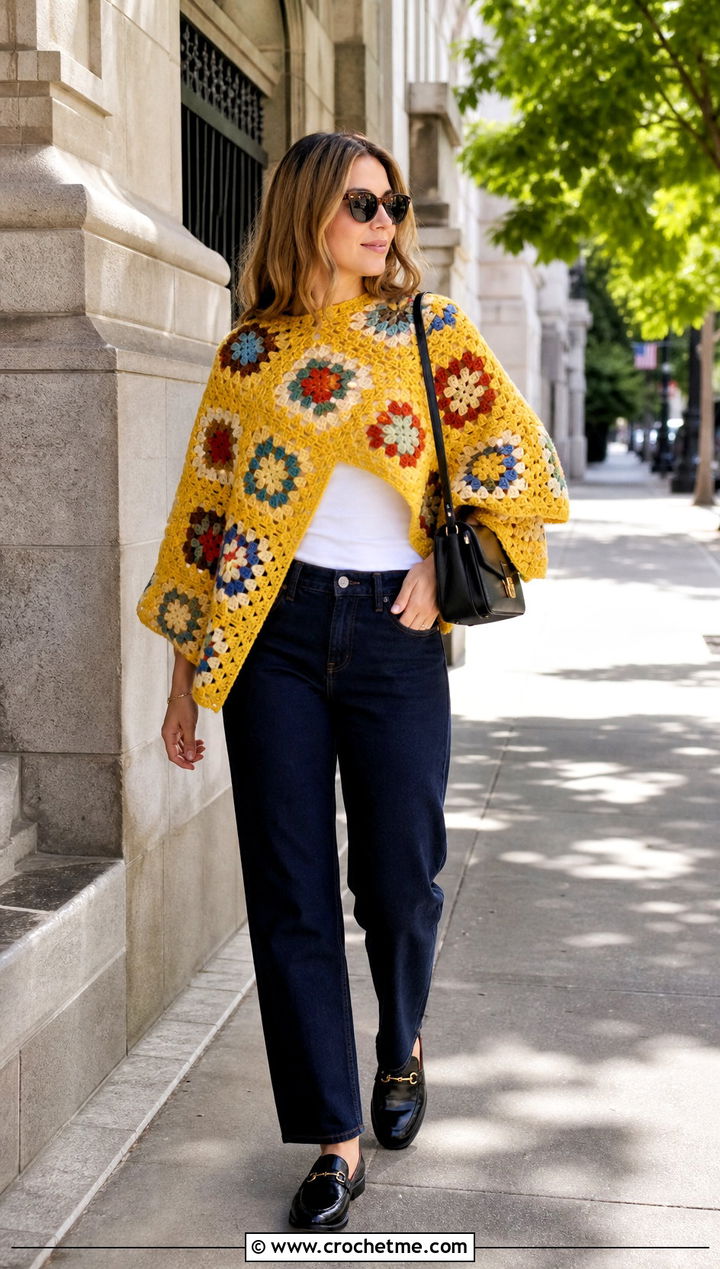Granny Square Crochet Poncho With Straight Leg Jeans - 25 ladies crochet poncho outfit ideas