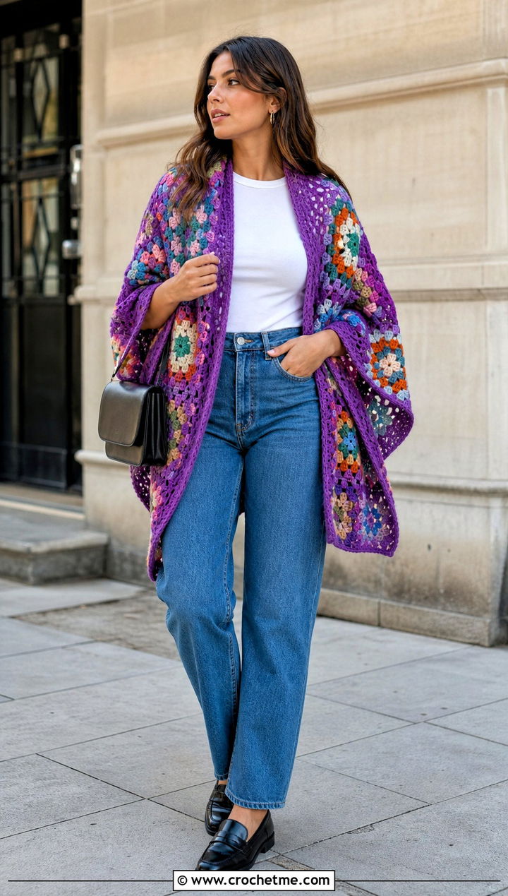 Granny Square Crochet Poncho With Straight Leg Jeans - 25 Simple Crochet Poncho outfit ideas