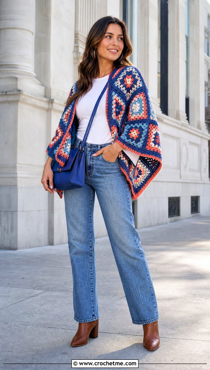 Granny Square Crochet Poncho With Straight Leg Jeans - 15 Crochet For Ponchos For Women outfit ideas