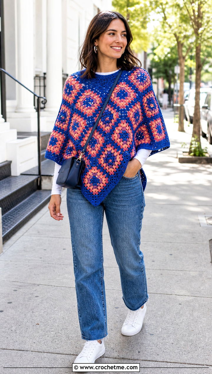Granny Square Crochet Poncho With Straight Leg Jeans - 15 Crochet Womens Poncho outfit ideas