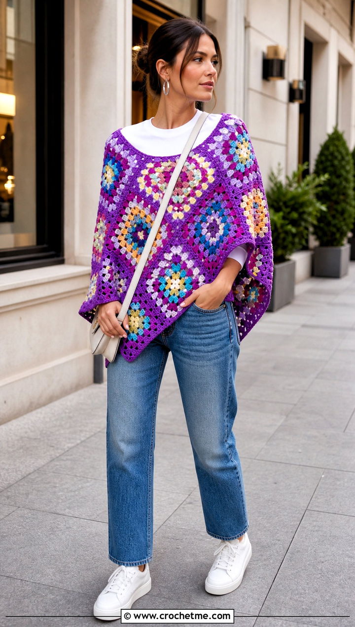 Granny Square Crochet Poncho With Straight Leg Jeans - 15 Crocheted Poncho outfit ideas