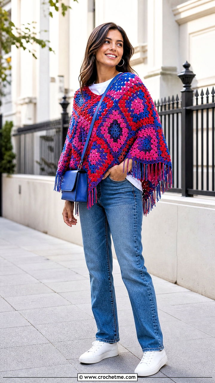 Granny Square Crochet Poncho With Straight Leg Jeans - 35 crochet poncho woman outfit ideas