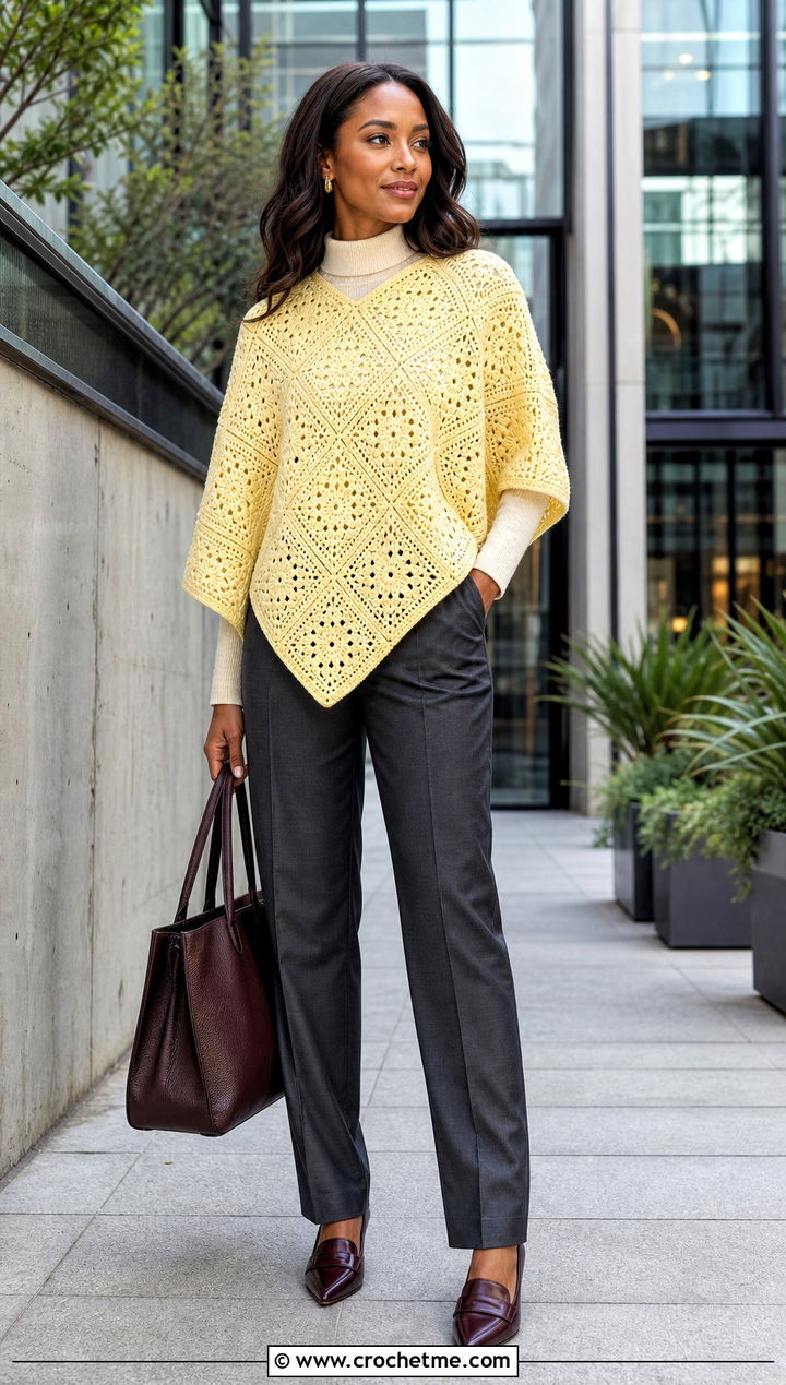 Granny Square Crochet Poncho With Tailored Trousers - 20 Easy Crochet Poncho For Beginners outfit ideas