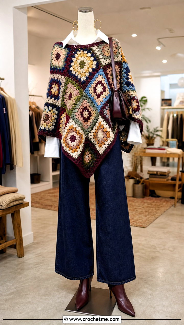 Granny Square Crochet Poncho With White Shirt And Jeans - 15 crochet poncho on mannequin outfit ideas