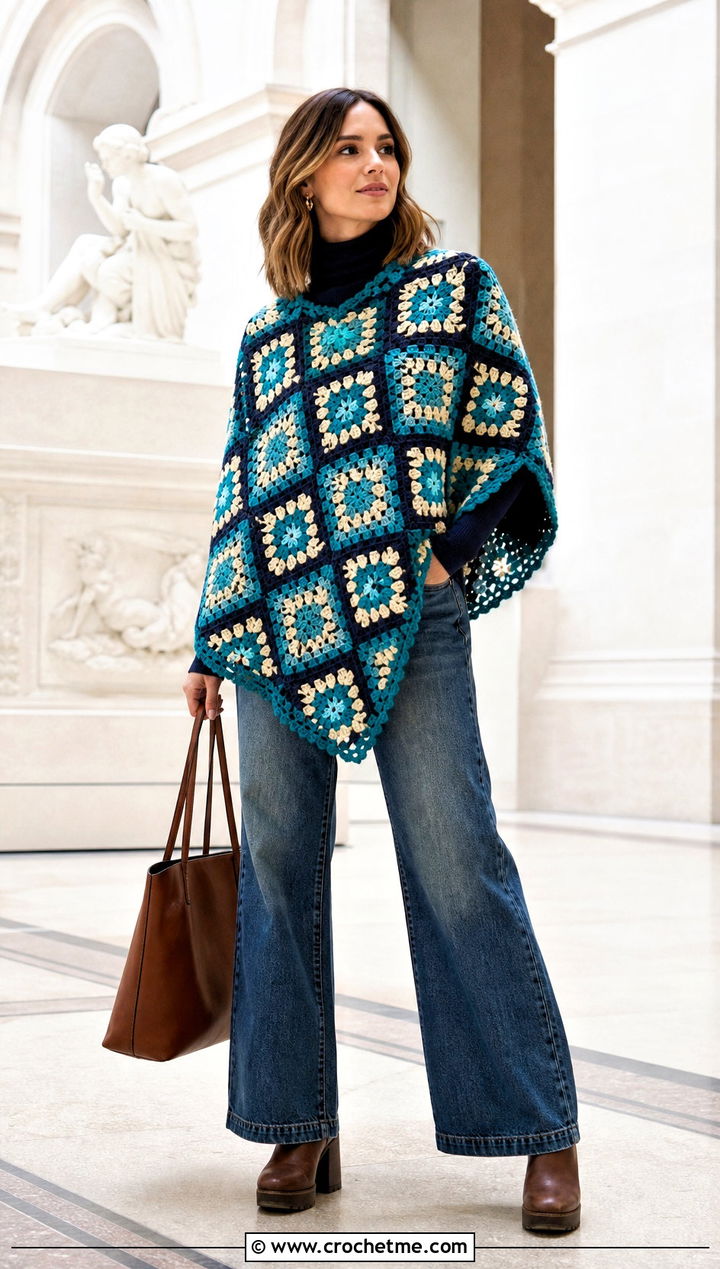 Granny Square Crochet Poncho With Wide Leg Jeans - 30 woman winter crochet poncho outfit ideas