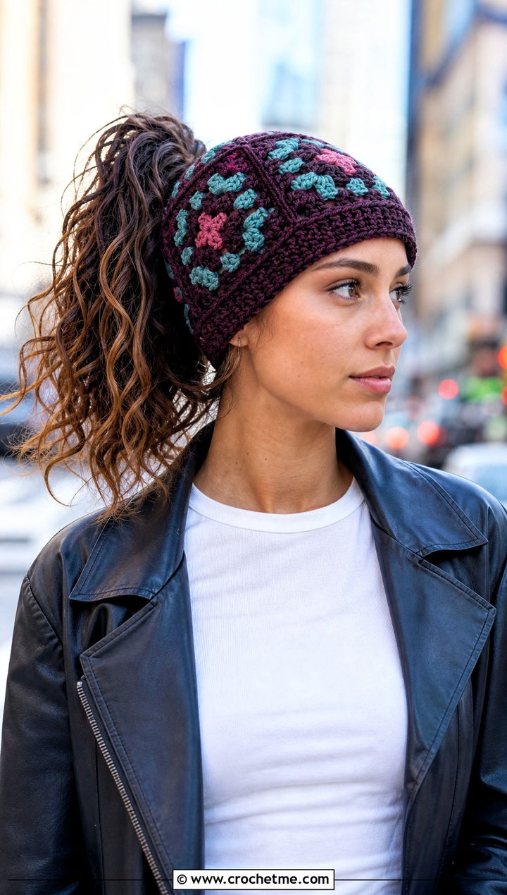 Granny Square Crochet Ponytail Hat With Leather Jacket - 30 crochet hat with ponytail hole outfit ideas