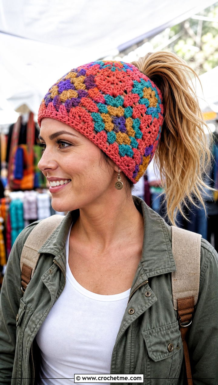 Granny Square Crochet Ponytail Hat With Utility Jacket - 20 easy crochet ponytail hat outfit ideas