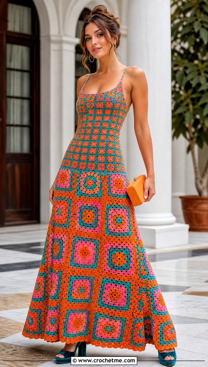 Granny Square Crochet Prom Dress With Velvet Heels - 30 Prom Crochet Dress outfit ideas