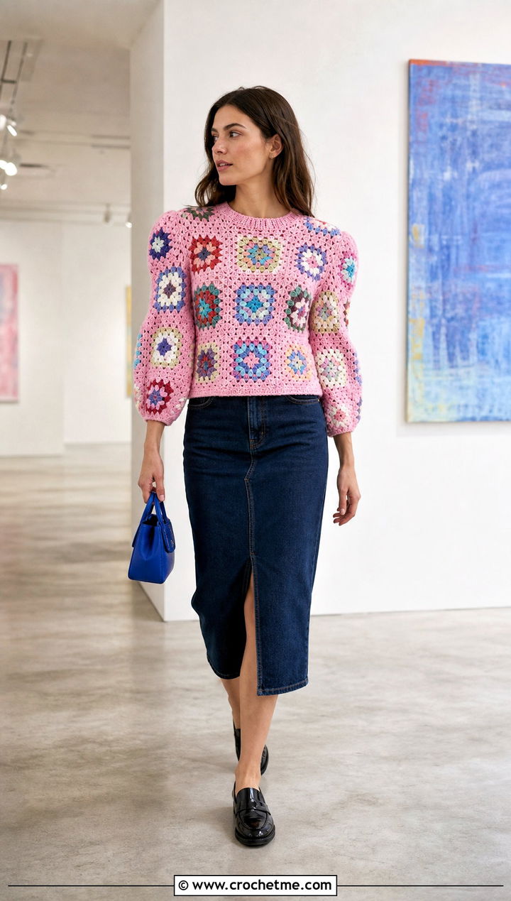 Granny Square Crochet Puff Sleeve Sweater With Denim Skirt - 25 Crochet Puff Sleeve Sweater outfit ideas