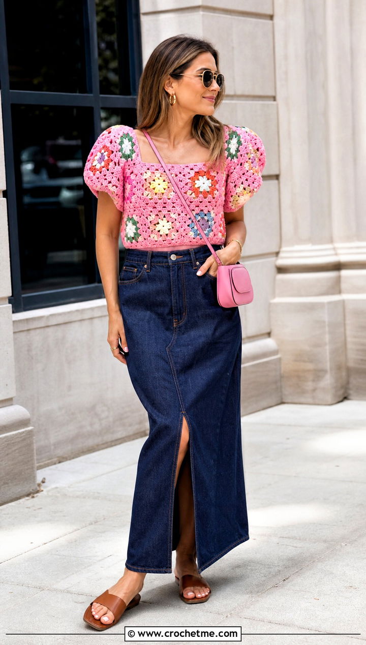 Granny Square Crochet Puff Sleeve Top With Denim Maxi Skirt - 35 crochet puff sleeve top outfit ideas