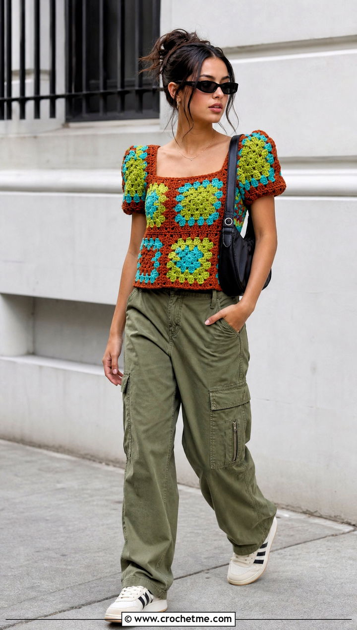 Granny Square Crochet Puff Top With Cargo Pants - 35 crochet puff top outfit ideas