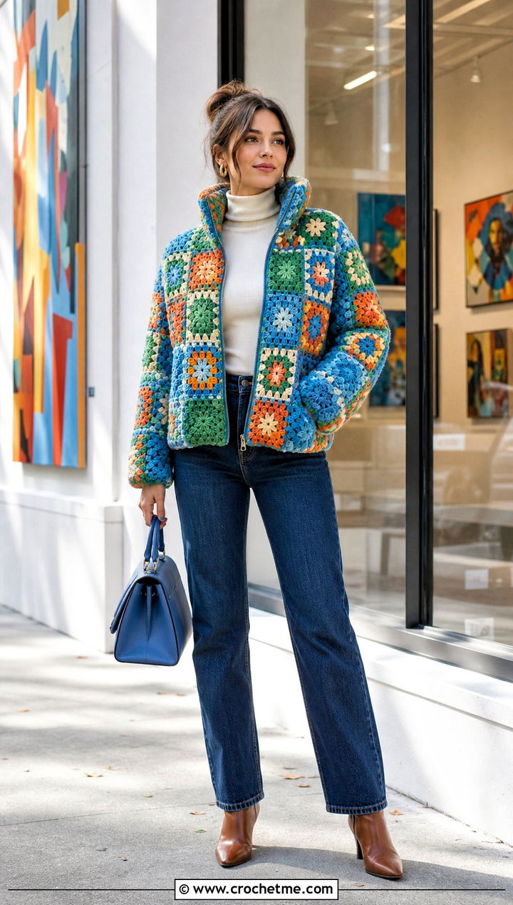 Granny Square Crochet Puffer Jacket With Straight Leg Jeans - 35 crochet puffer jacket outfit ideas