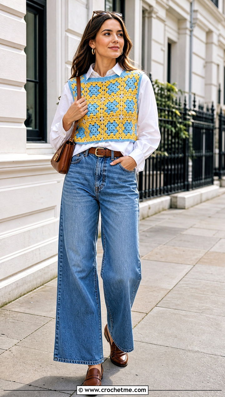 Granny Square Crochet Pullover Vest With Wide Leg Jeans - 15 crochet pullover vest outfit ideas