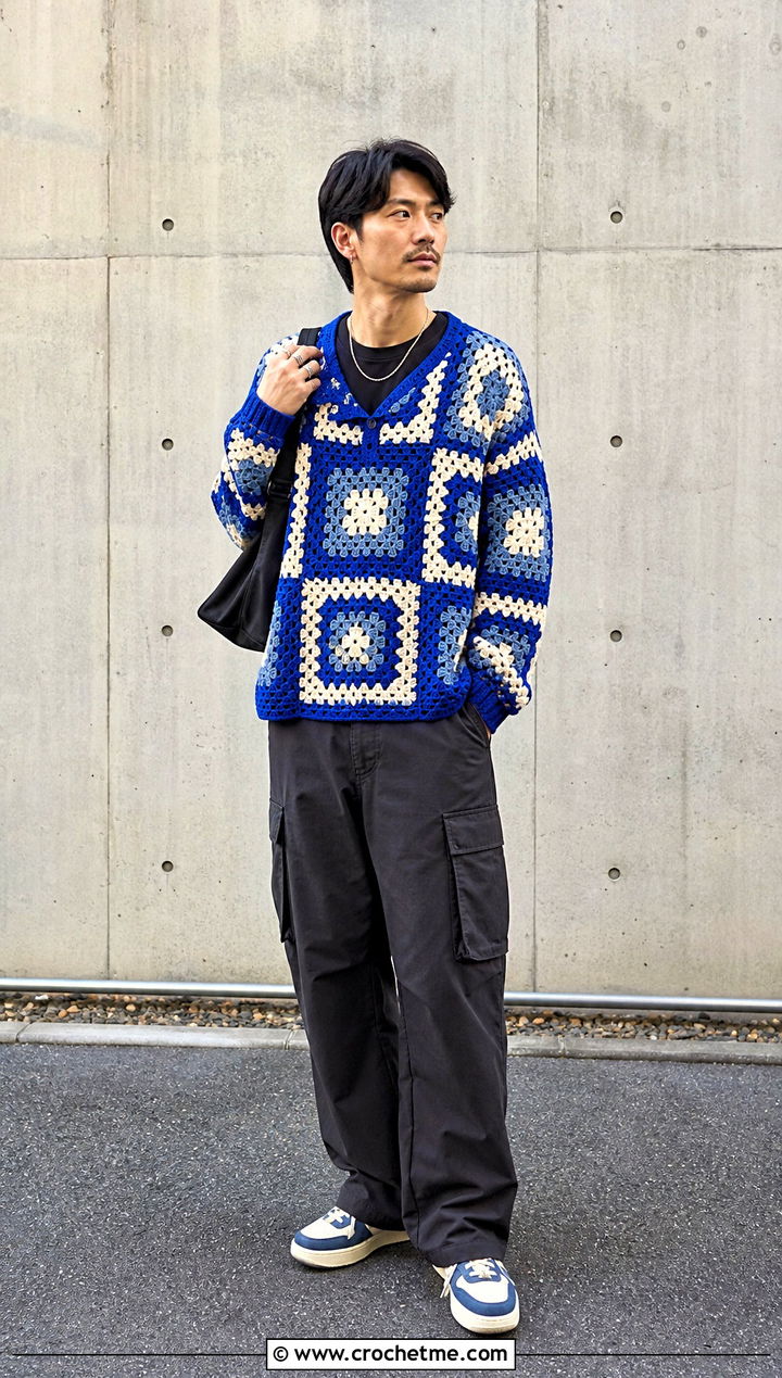 Granny Square Crochet Pullover With Cargo Pants - 15 Crochet Mens Sweaters outfit ideas