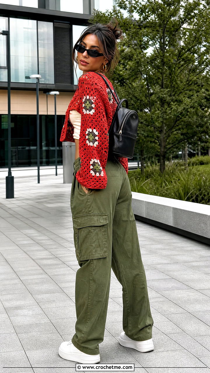 Granny Square Crochet Pullover With Cargo Pants - 35 granny square crochet clothes and outfit ideas