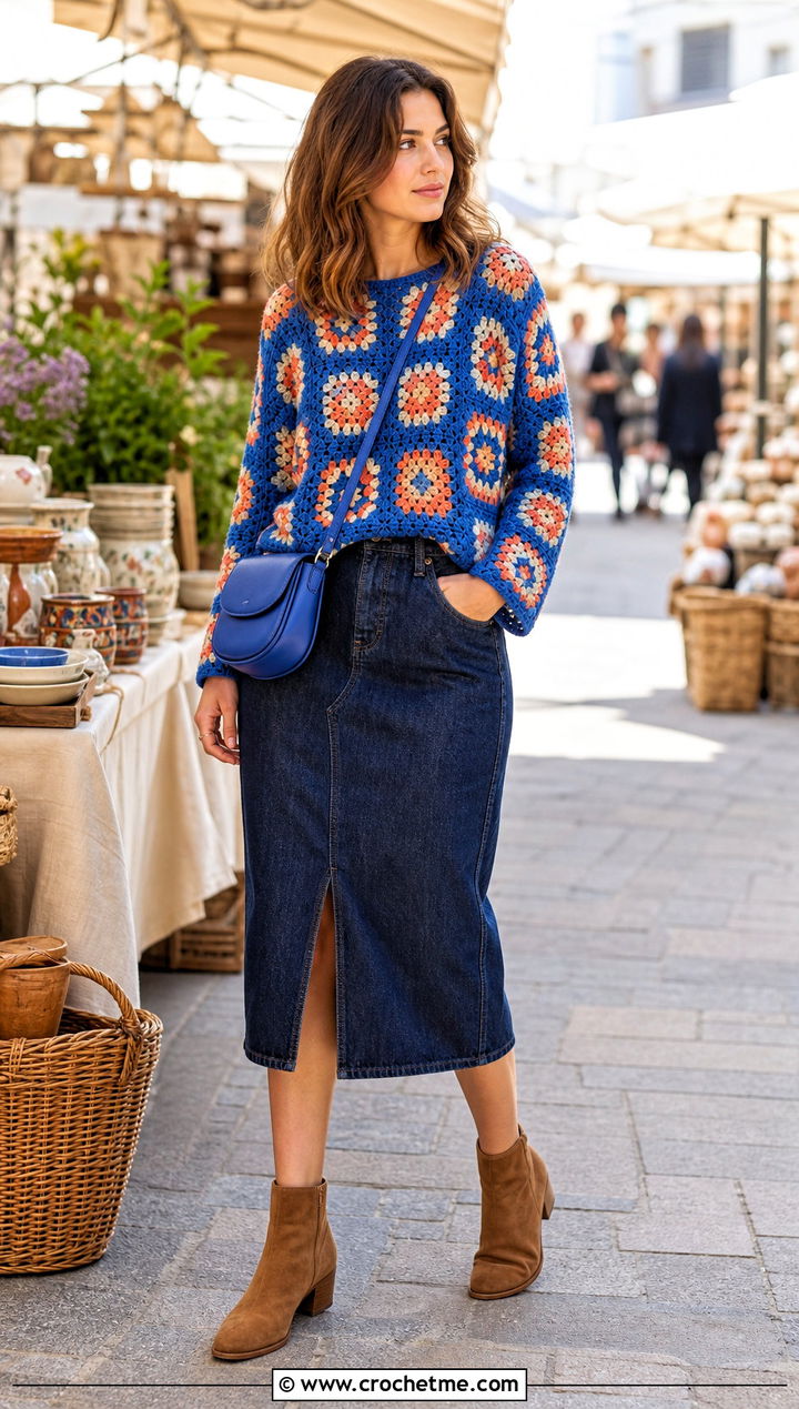 Granny Square Crochet Pullover With Denim Midi Skirt - 25 women crochet pullover outfit ideas
