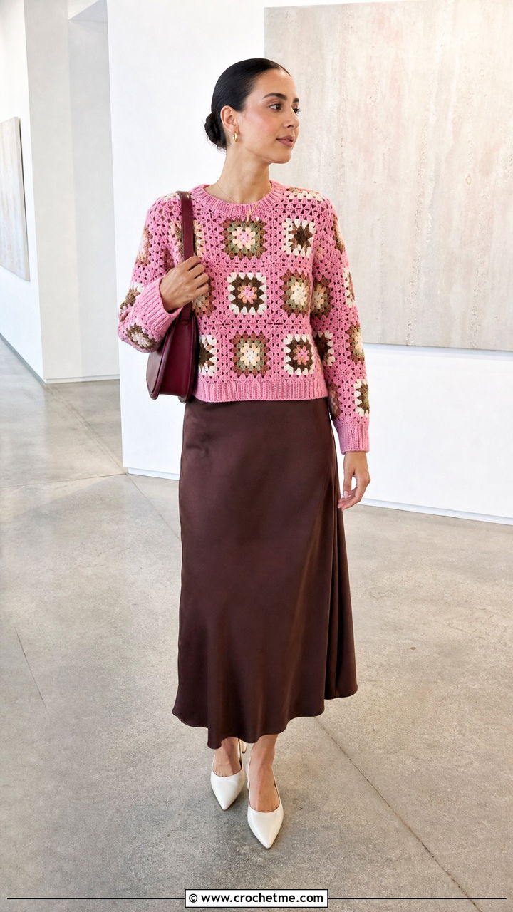Granny Square Crochet Pullover With Satin Skirt - 35 crochet pullover outfit ideas