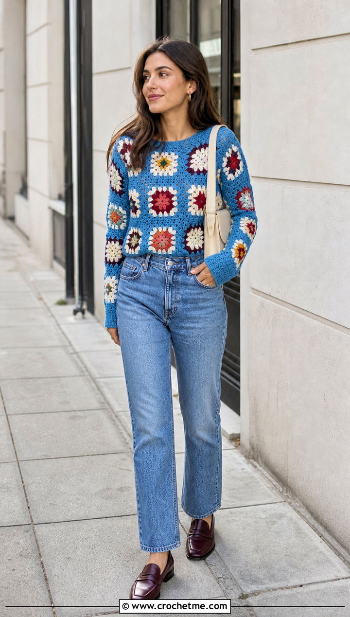 Granny Square Crochet Pullover With Straight Jeans - 35 easy crochet sweaters outfit ideas