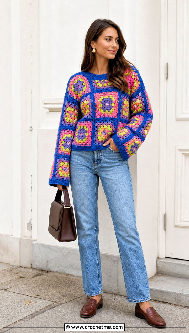 Granny Square Crochet Pullover With Straight Jeans - 30 Easy Crochet Pullover outfit ideas